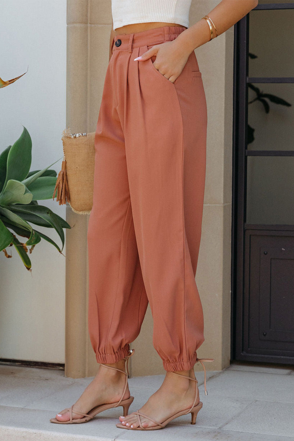 Orange Pockets Ankle-length High Waist Joggers