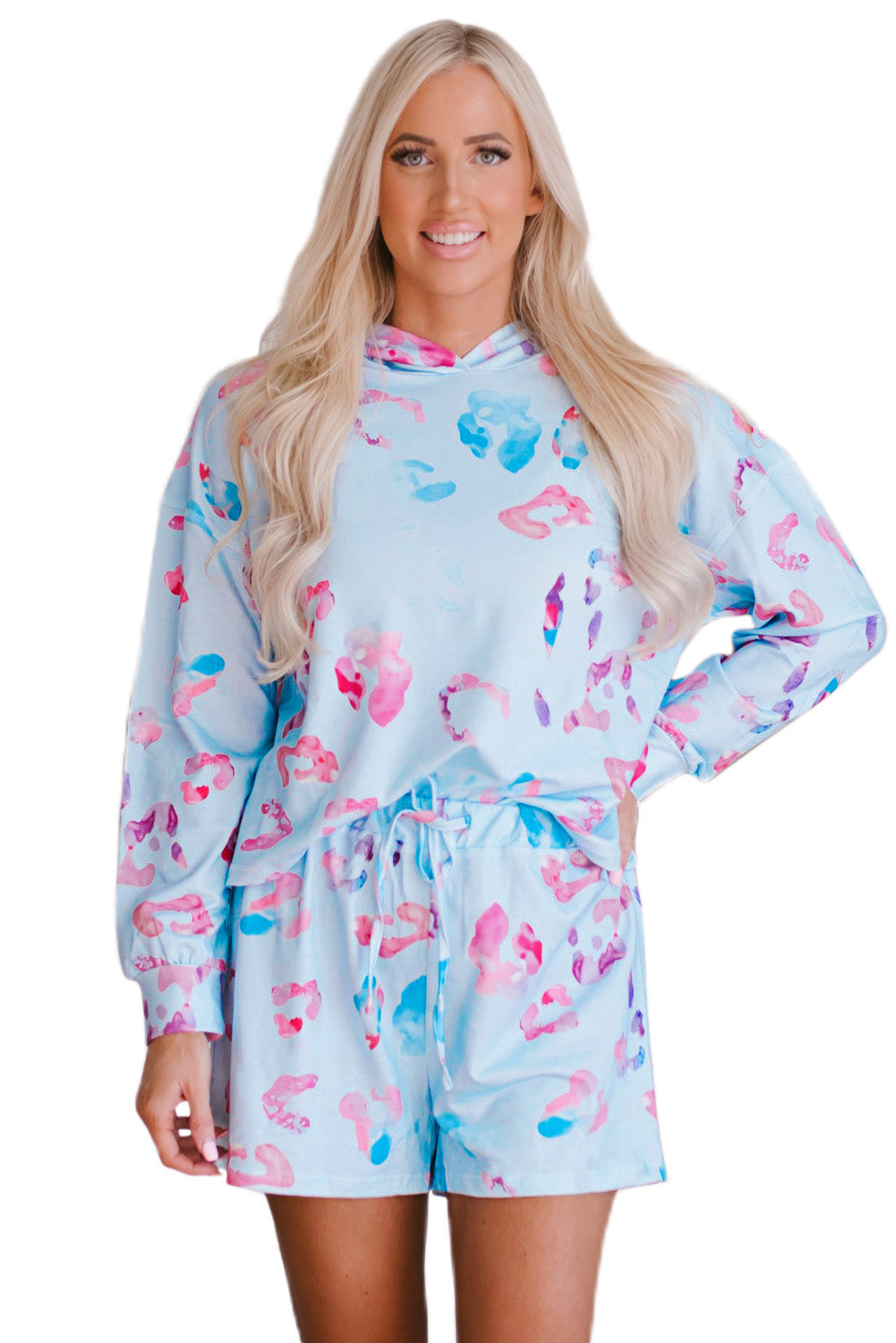 Sky Blue Leopard Print Hoodie and Shorts Set