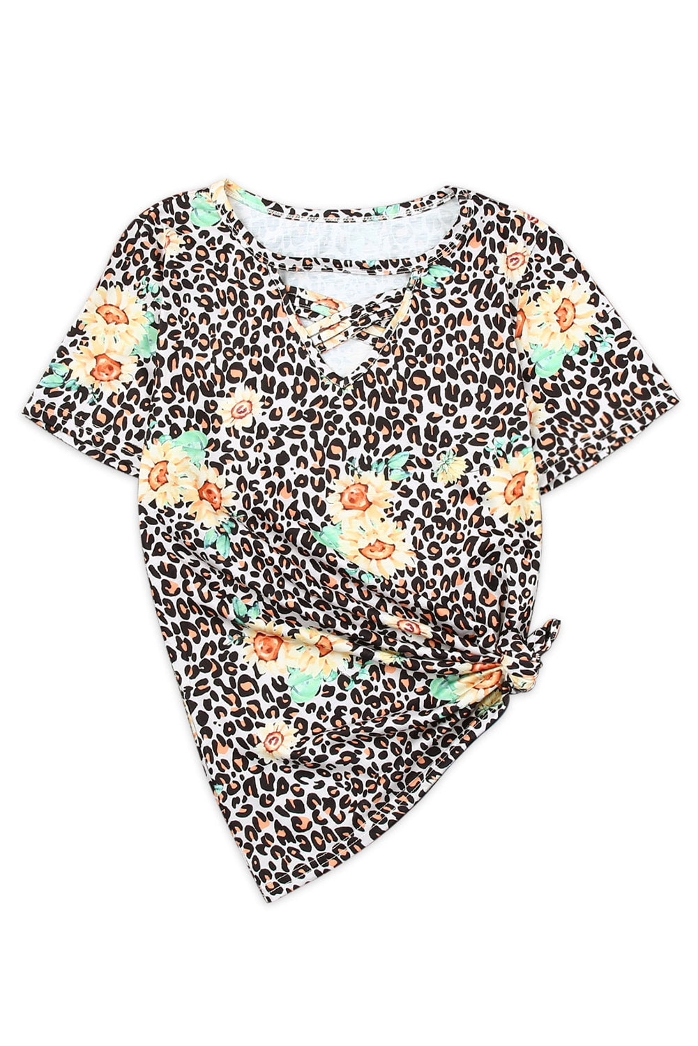 Leopard Sunflower Hollow Out Criss-cross Tee