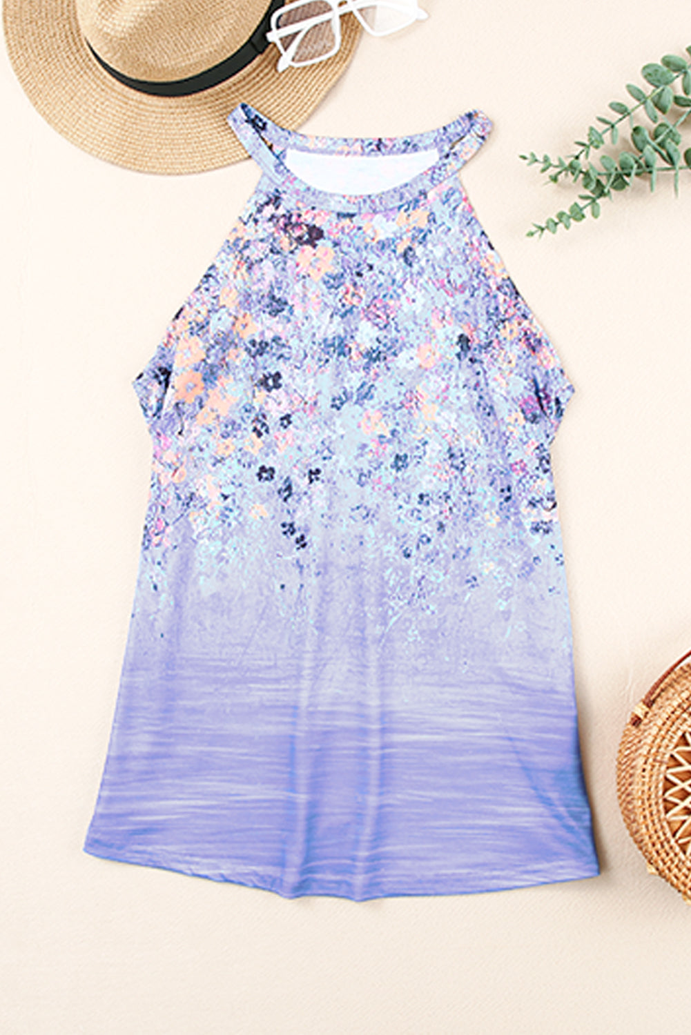 Blue Floral Print Halter Neck Tank Top