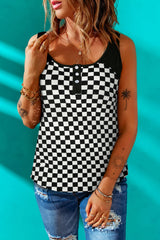 Black Plaid Patchwork Buttoned U Neck Tank Top