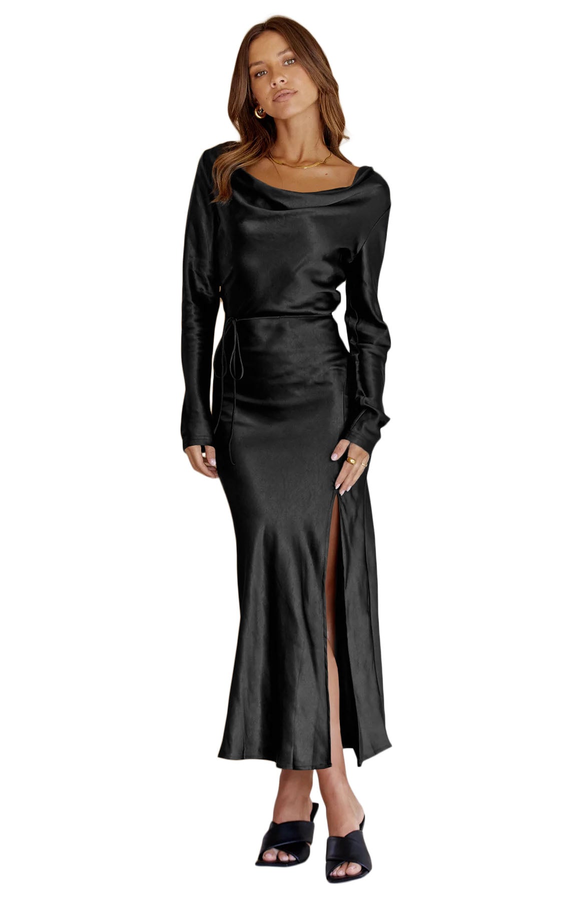 Black Drape Neck Tie Waist Long Sleeve Slit Dress