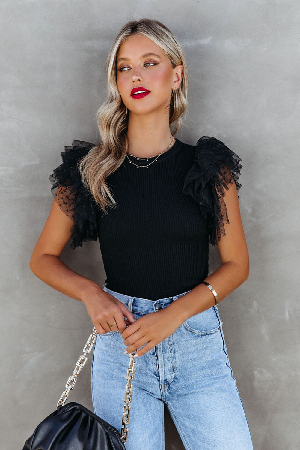 Black Dotty Mesh Ruffle Sleeve Ribbed Knit Babydoll Mini Dress