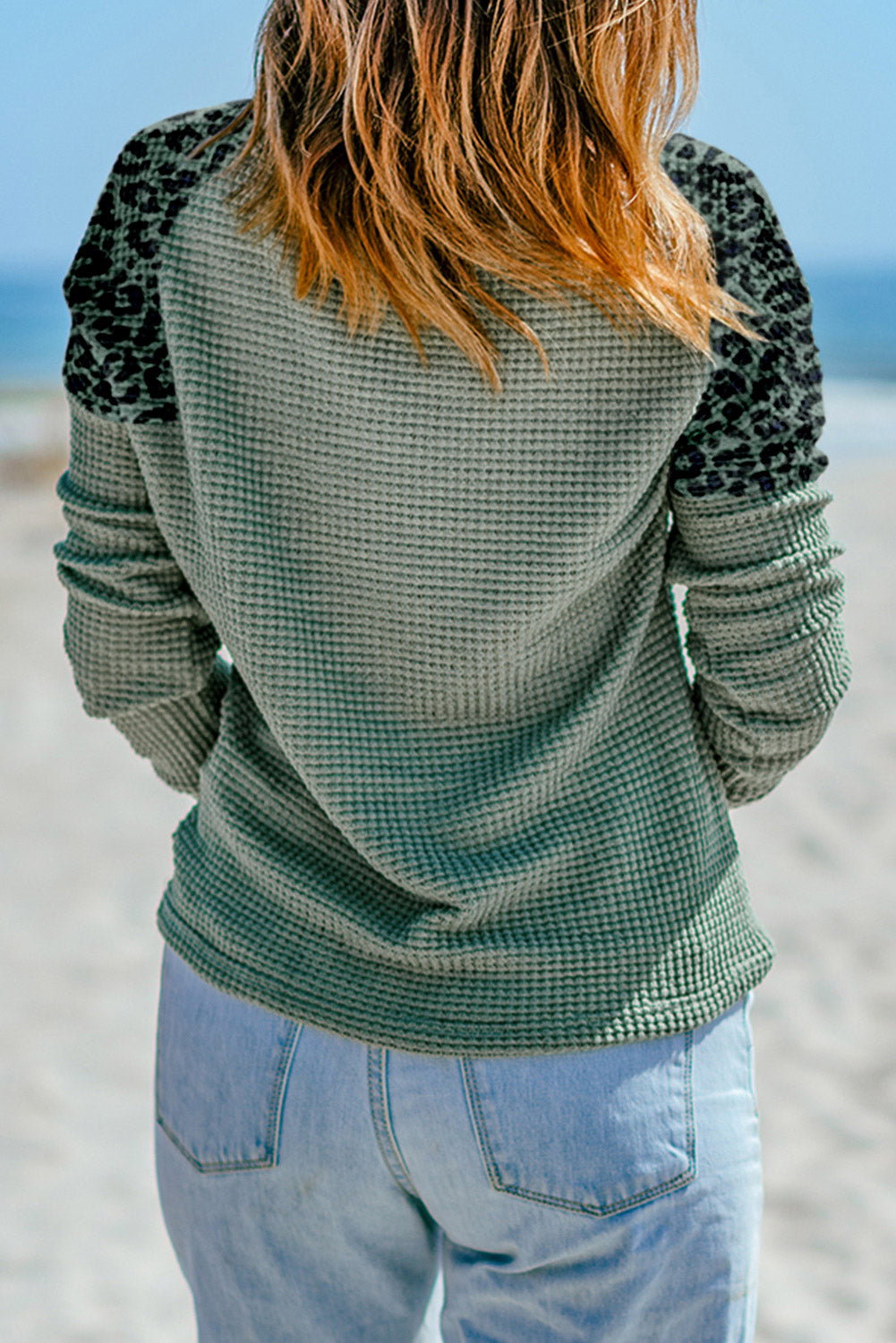 Green Leopard Waffle Knit Buttoned V Neck Long Sleeve Top