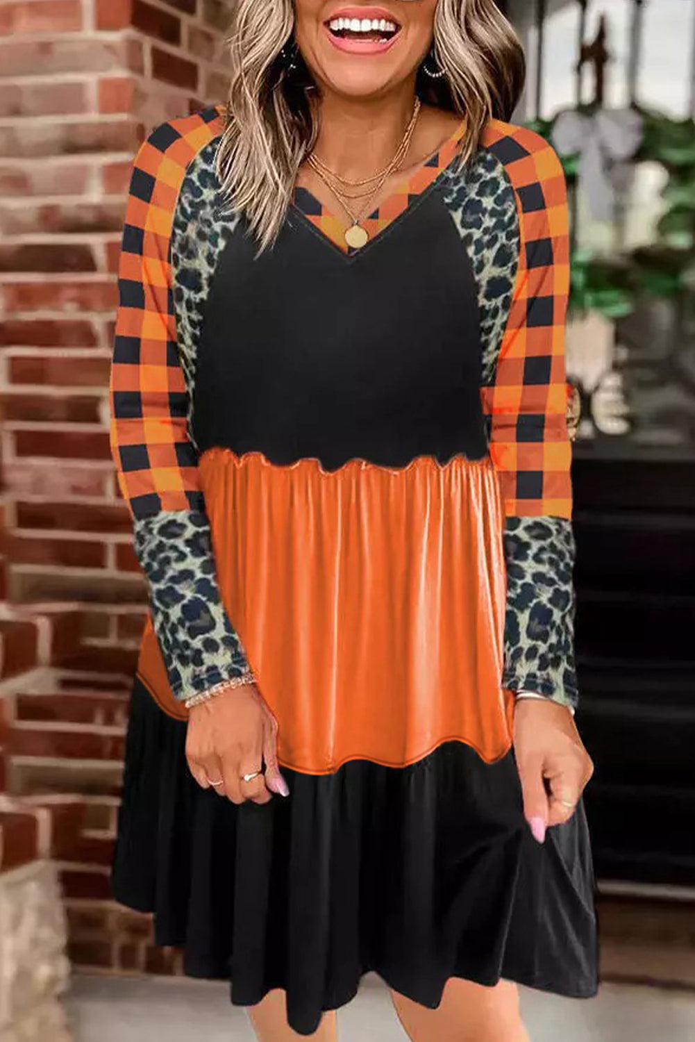 Orange Leopard Plaid Ruffled Long Sleeve Mini Dress