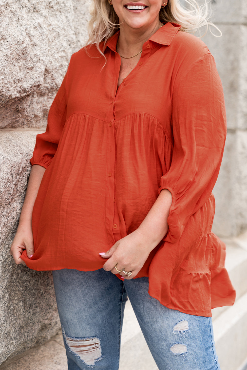 Green 3/4 Sleeve Plus Size Tunic Top