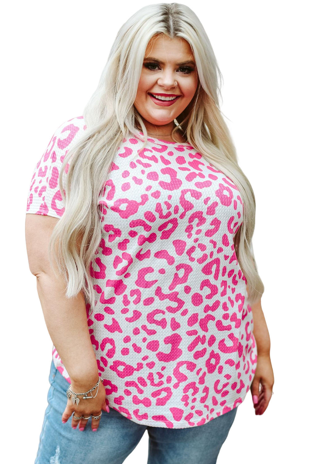 Rose Leopard Print Textured Knit Short Sleeve Plus Size T Shirt