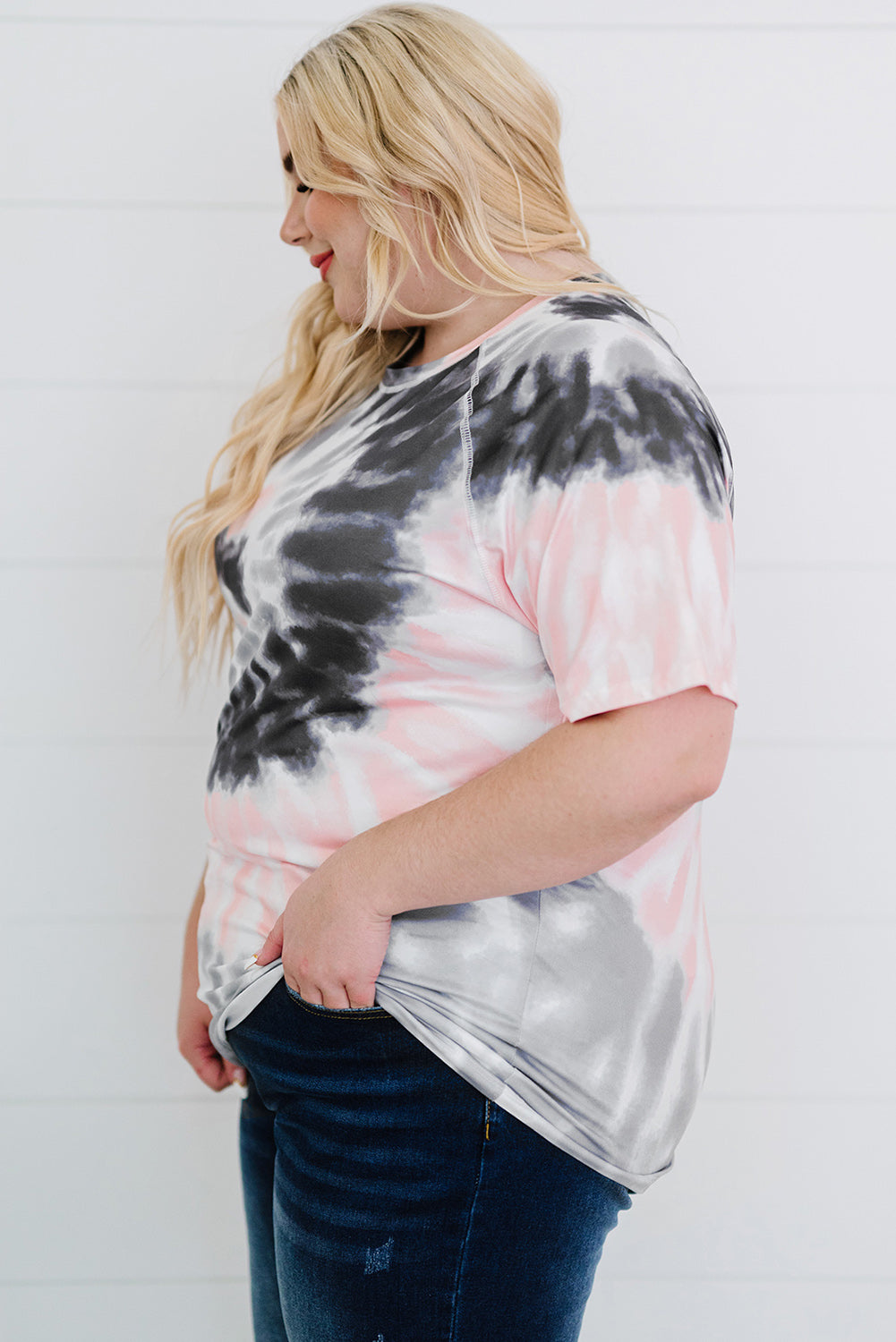 Gray Tie-dye Raglan Sleeve Plus Size T-shirt