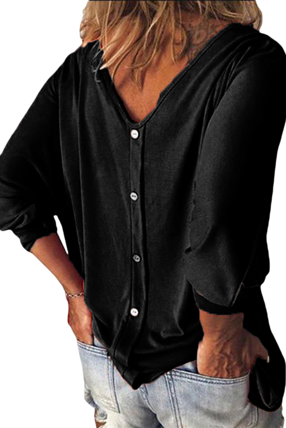 Black Button Decor Loose Fit V Neck Top