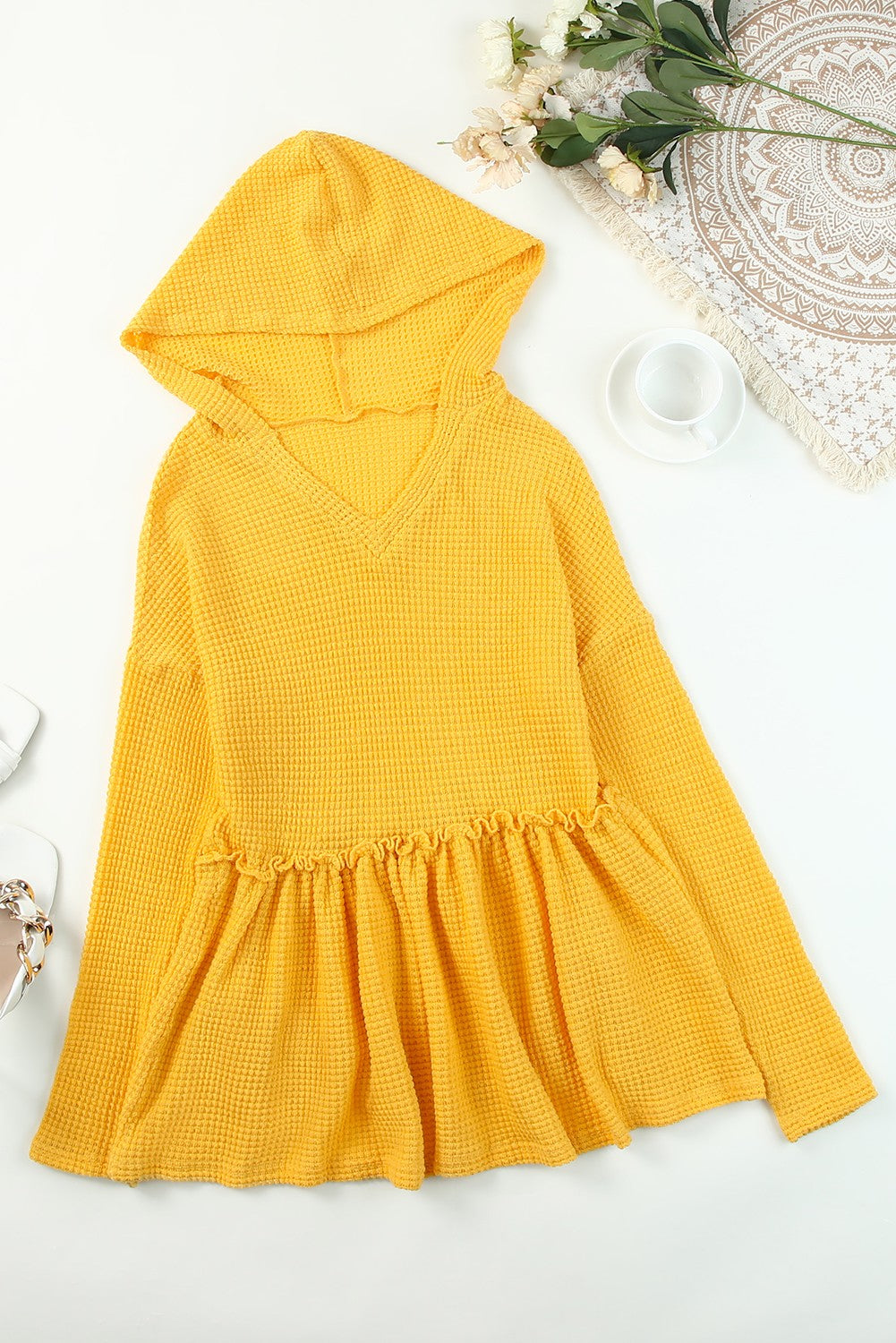 Yellow V Neck Drop Shoulder Hooded Flowy Top with Frill