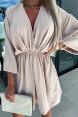 Khaki V-Neck Long Sleeve Waistband Dress