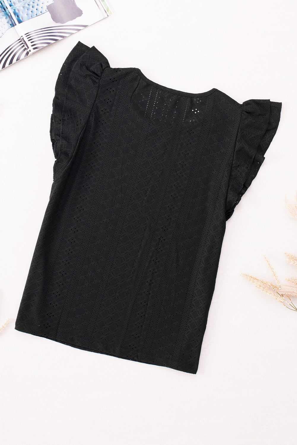 Black Rhombus Textured Ruffle Short Sleeve Blouse