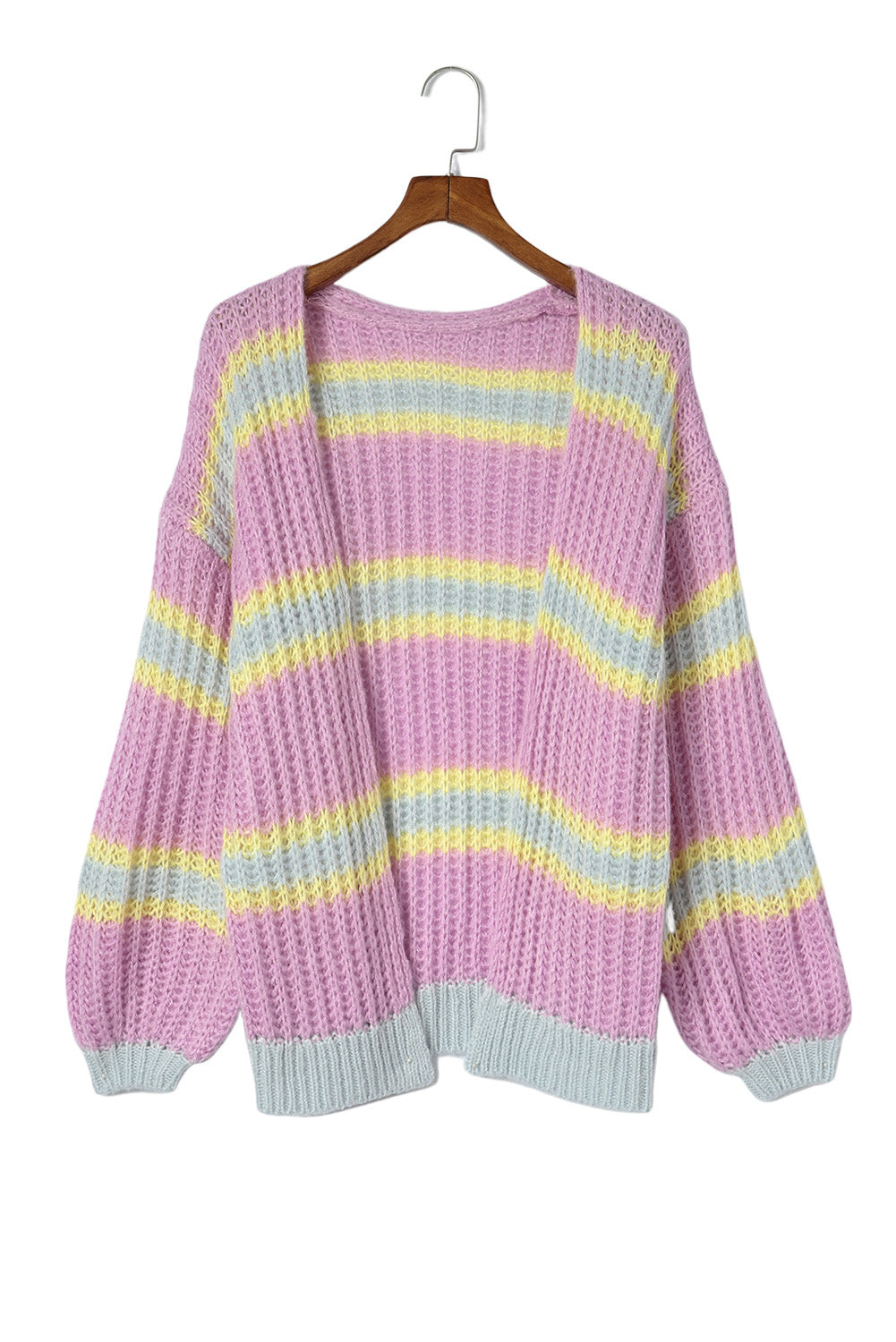 Pink Contrast Striped Open Front Cable Cardigan