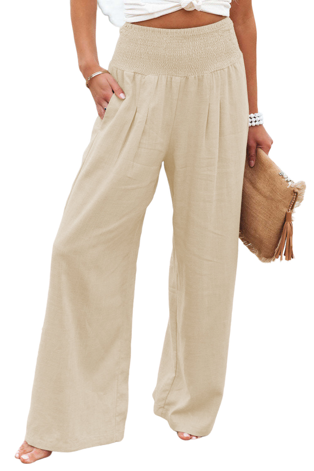 Black Smocked Wide Waistband High Waist Wide Leg Pants
