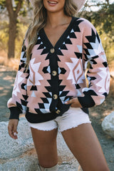 Pink Oversized Aztec Buttons Front Cardigan