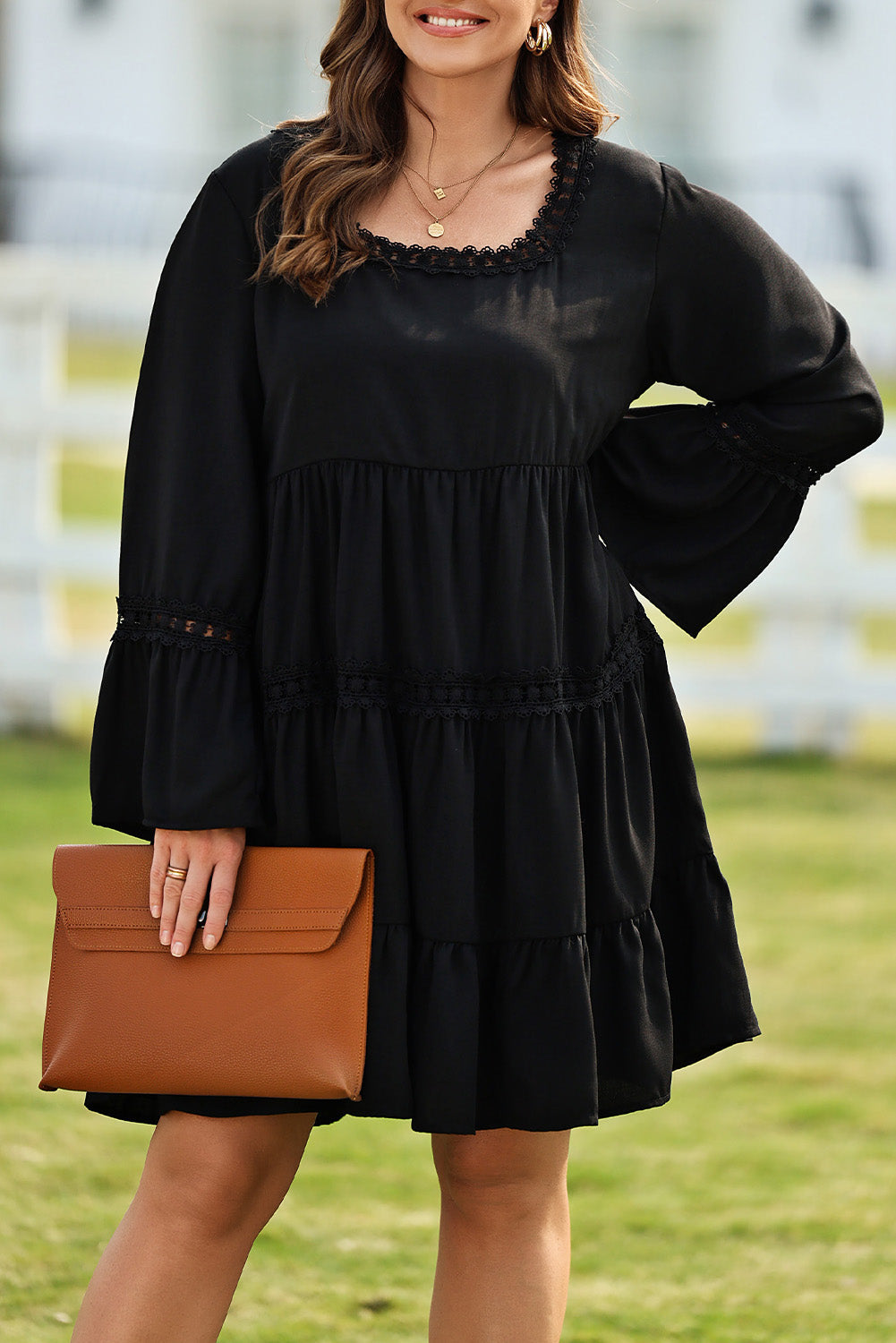 Black Lace Trim Tie Back Plus Size Tiered Swing Dress