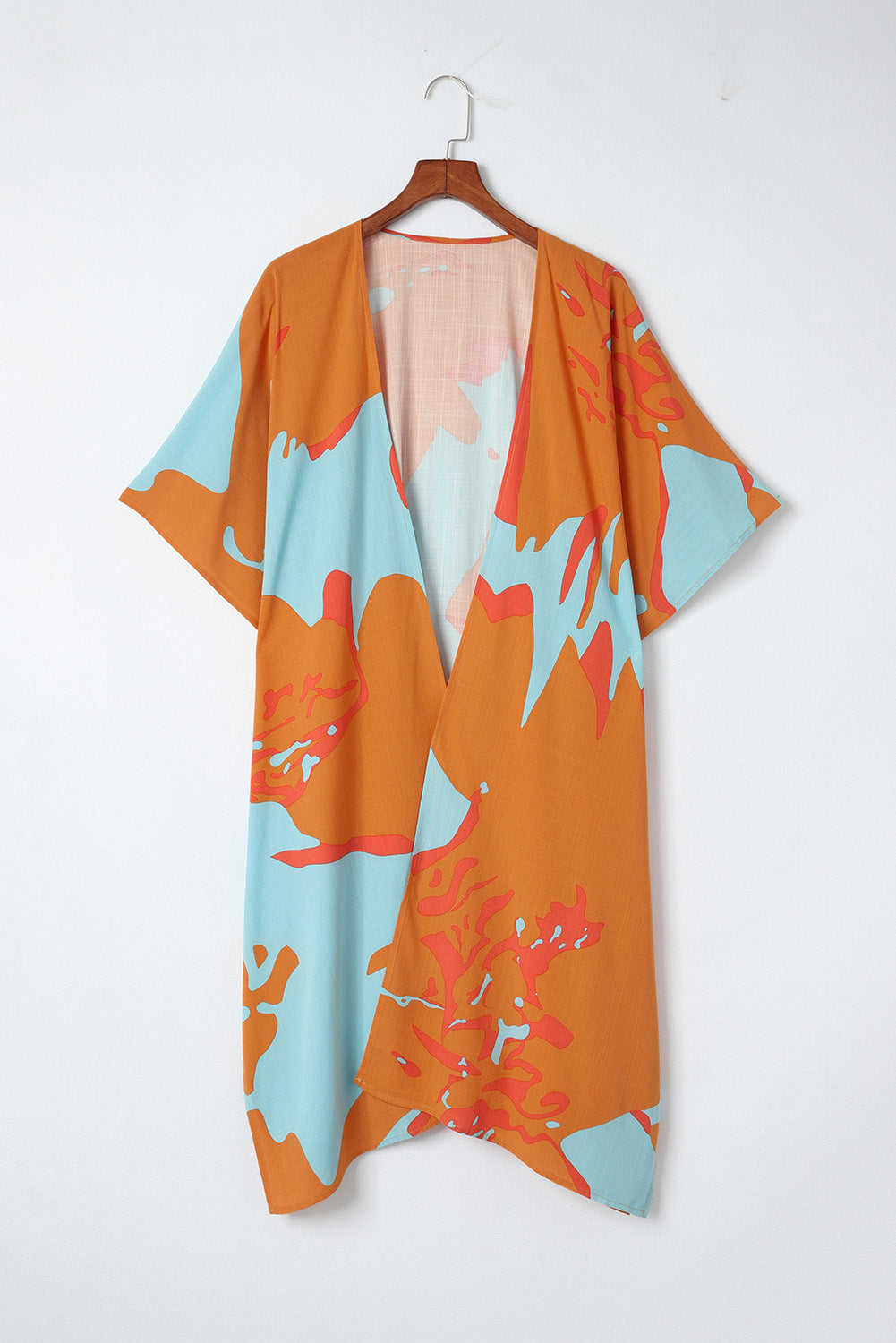 Brown Abstract Print Open Front Kimono with Slits