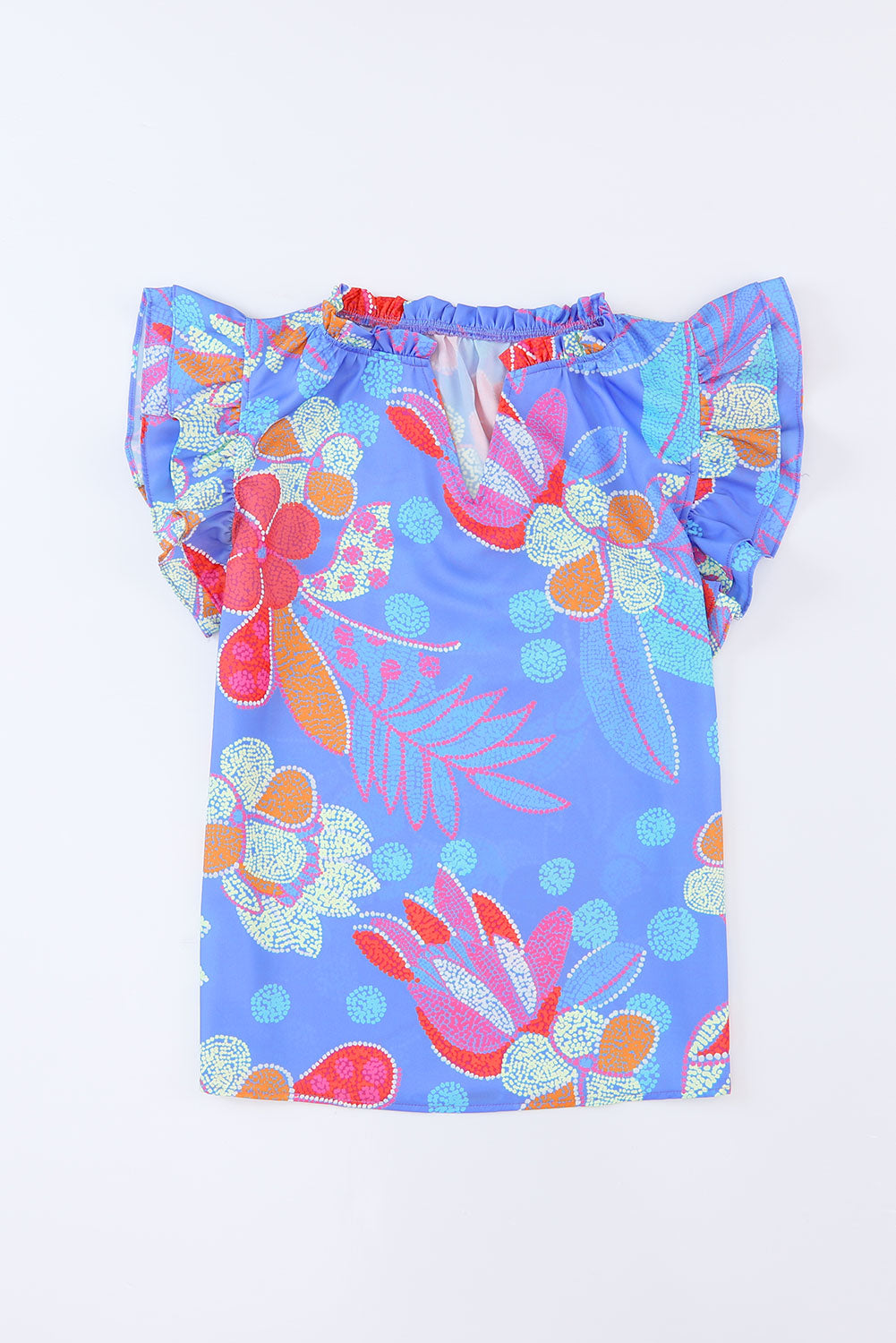 Blue Split V Neck Flutter Floral Top