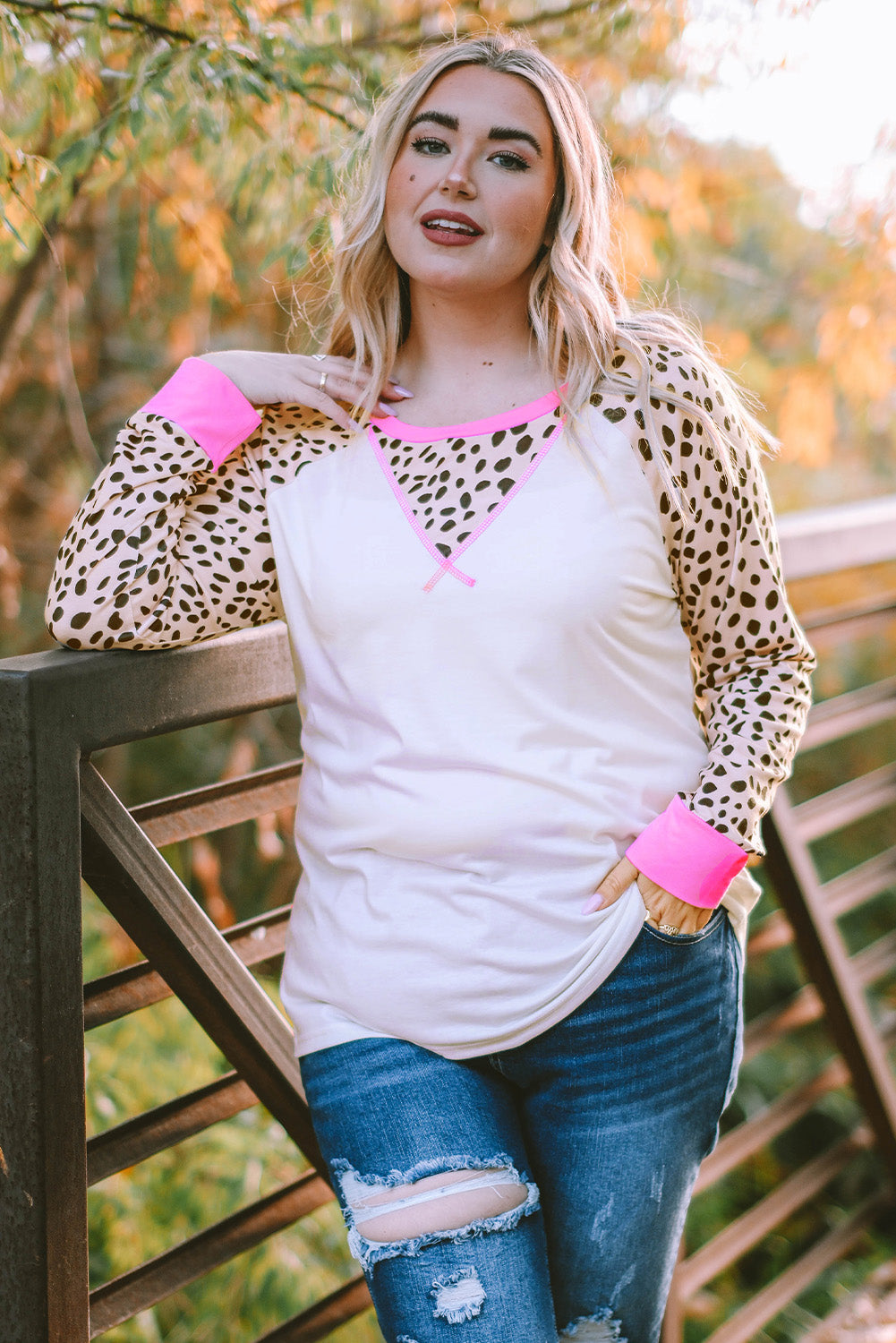 White Leopard Patchwork Long Sleeve Plus Size Top