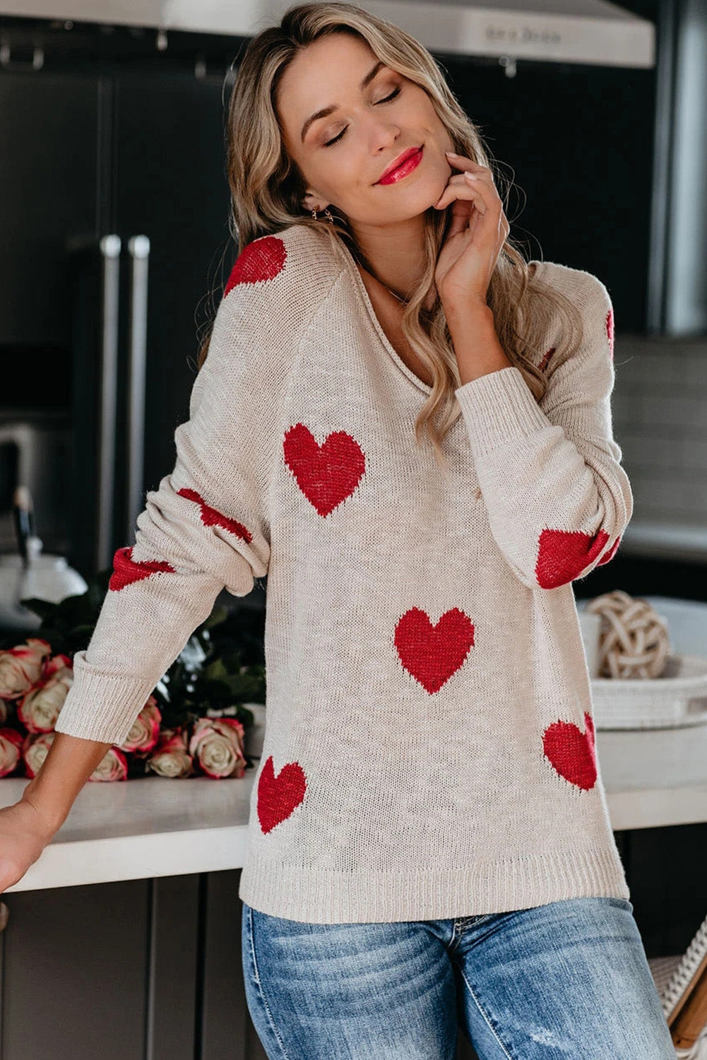 Red Heart Pattern V Neck Knit Sweater