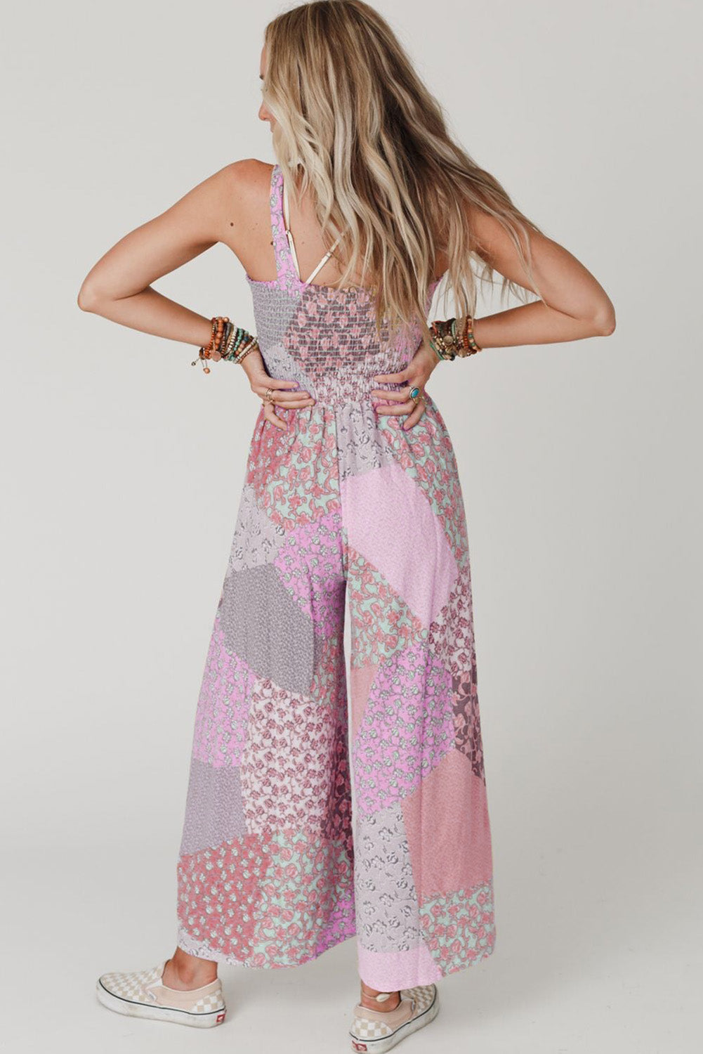 Multicolor Irregular Patchwork Print Smocked Wide Leg Jumpsuit