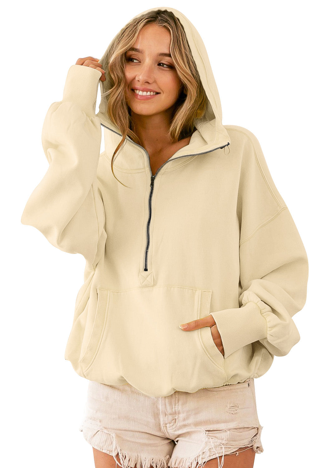Gray Ribbed Trim Kangaroo Pocket Zipped Hoodie