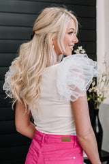 White Ribbed Knit Tulle Ruffle Sleeve Plus Size Bodysuit