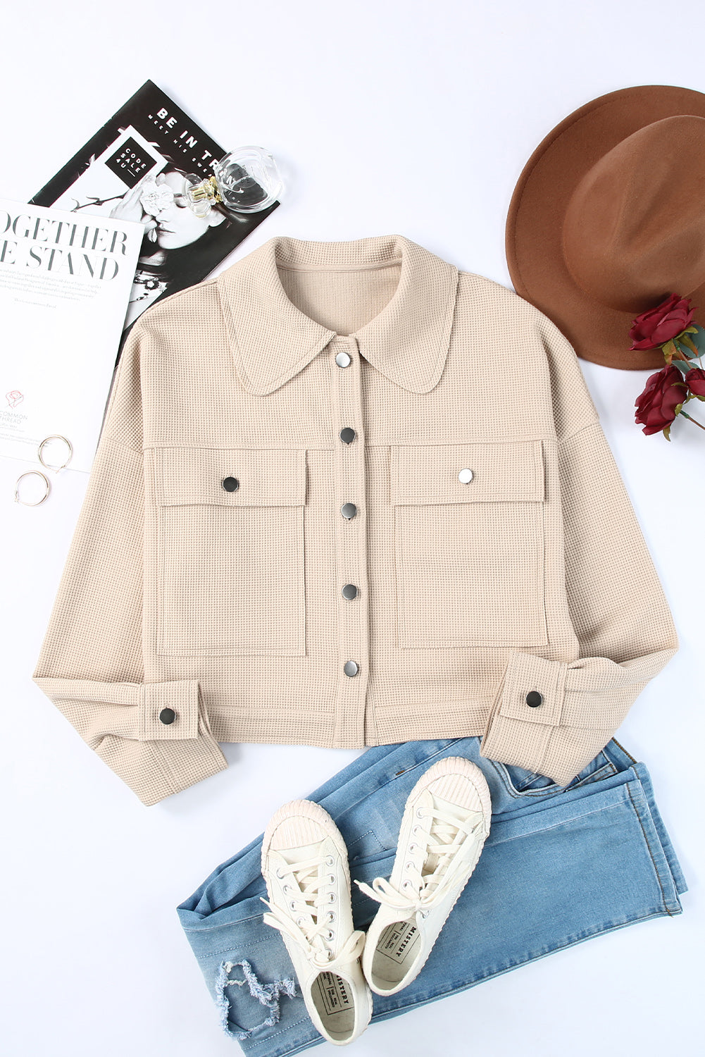 Sky Blue Waffle Knit Buttons Cropped Jacket with Pockets