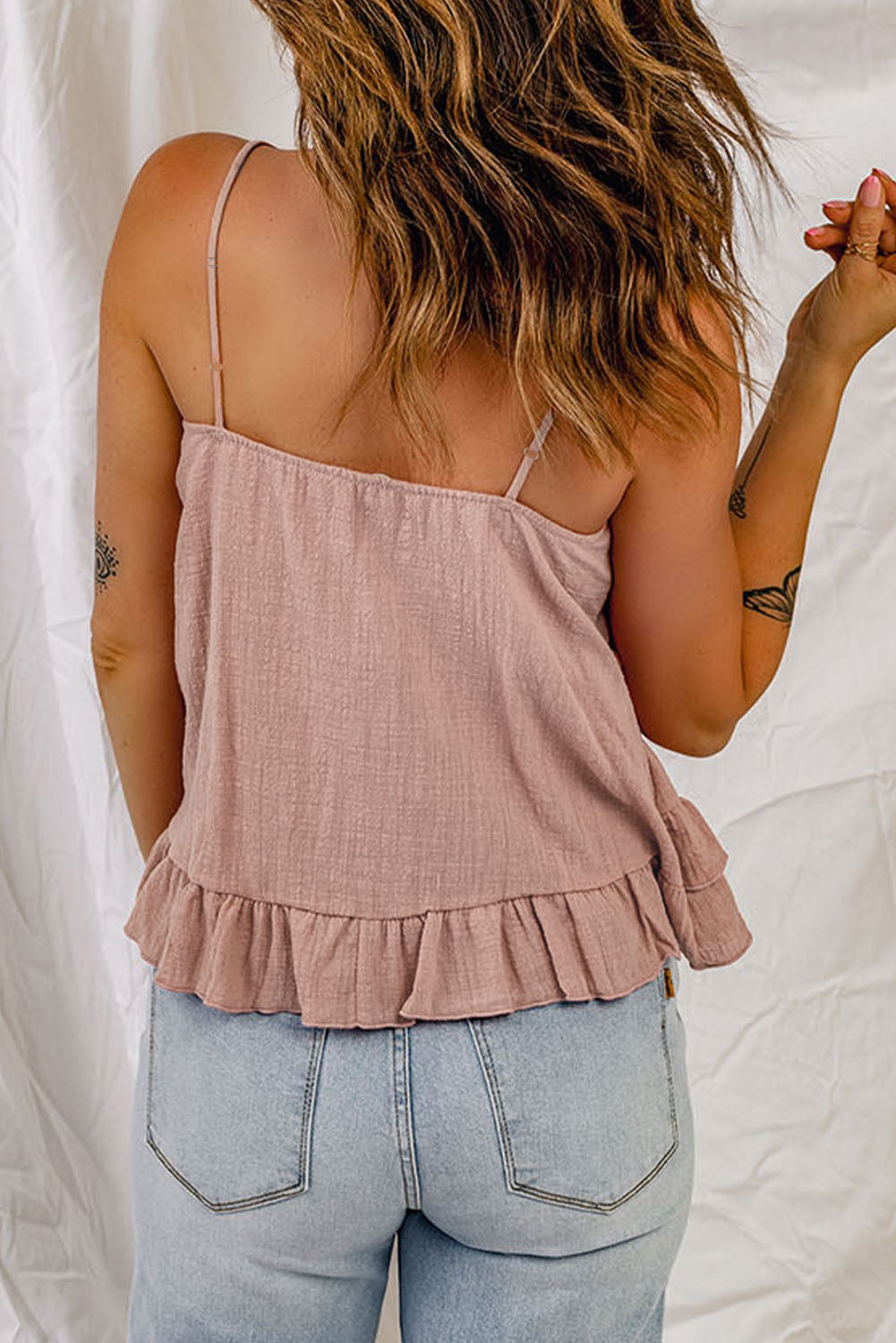 Pink Tiered Ruffled Spaghetti Straps Tank Top