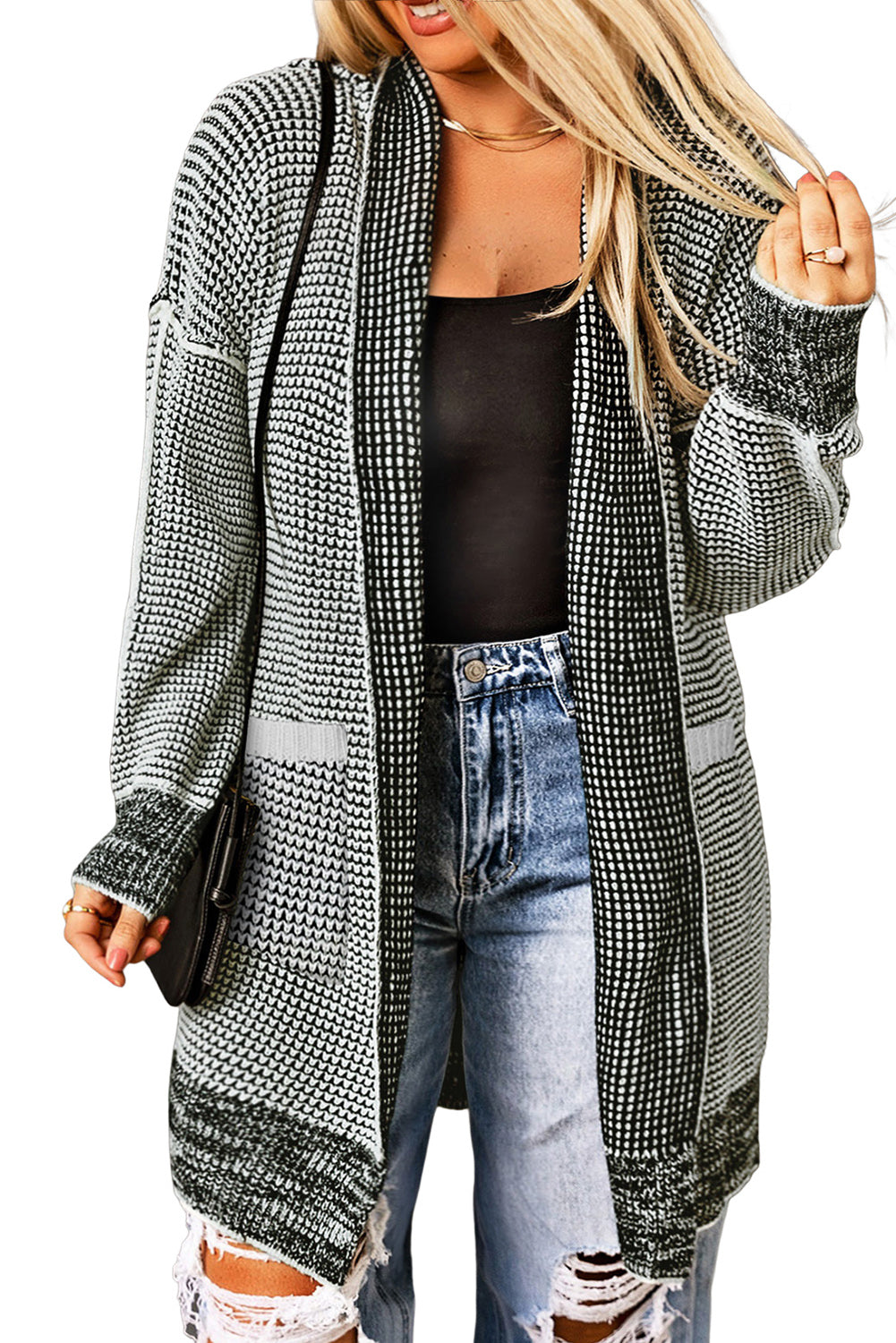 Grey Plaid Contrast Trim Open Front Cardigan