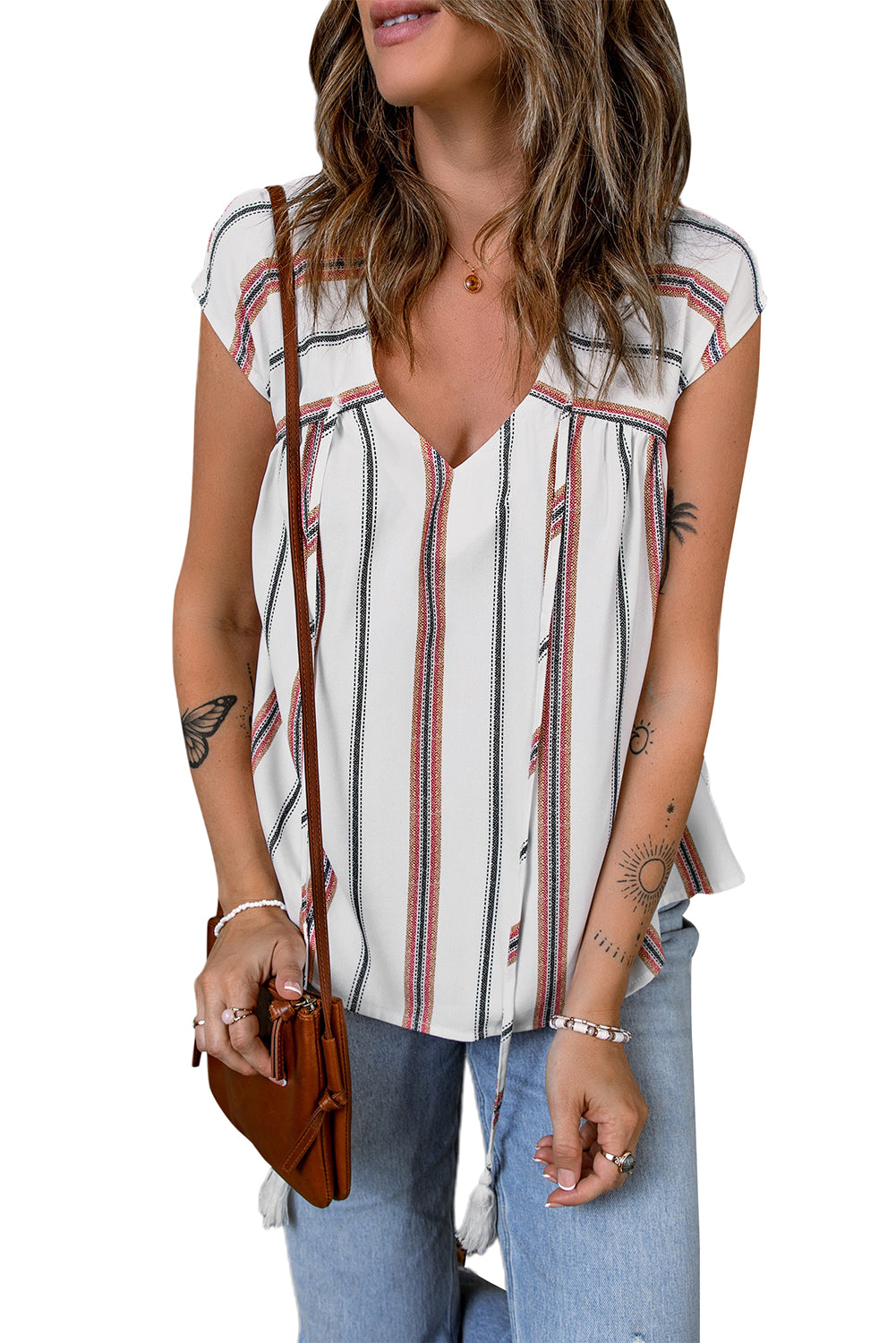 White Striped Print Loose V Neck Short Sleeve Top