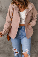 Pink Faux Shearling Lining Snap Button Suede Jacket