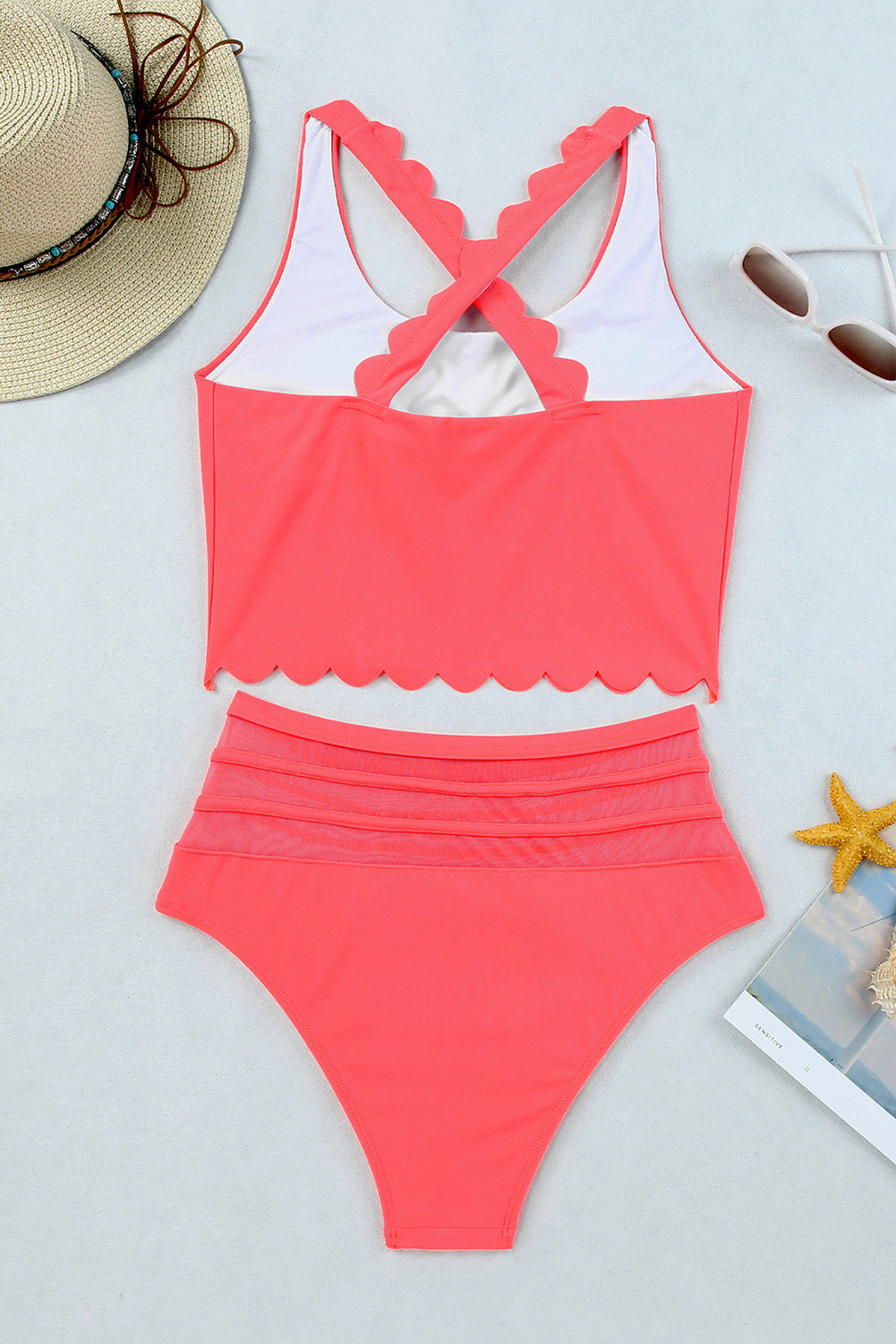 Red Scalloped Criss Cross High Waist Bikini