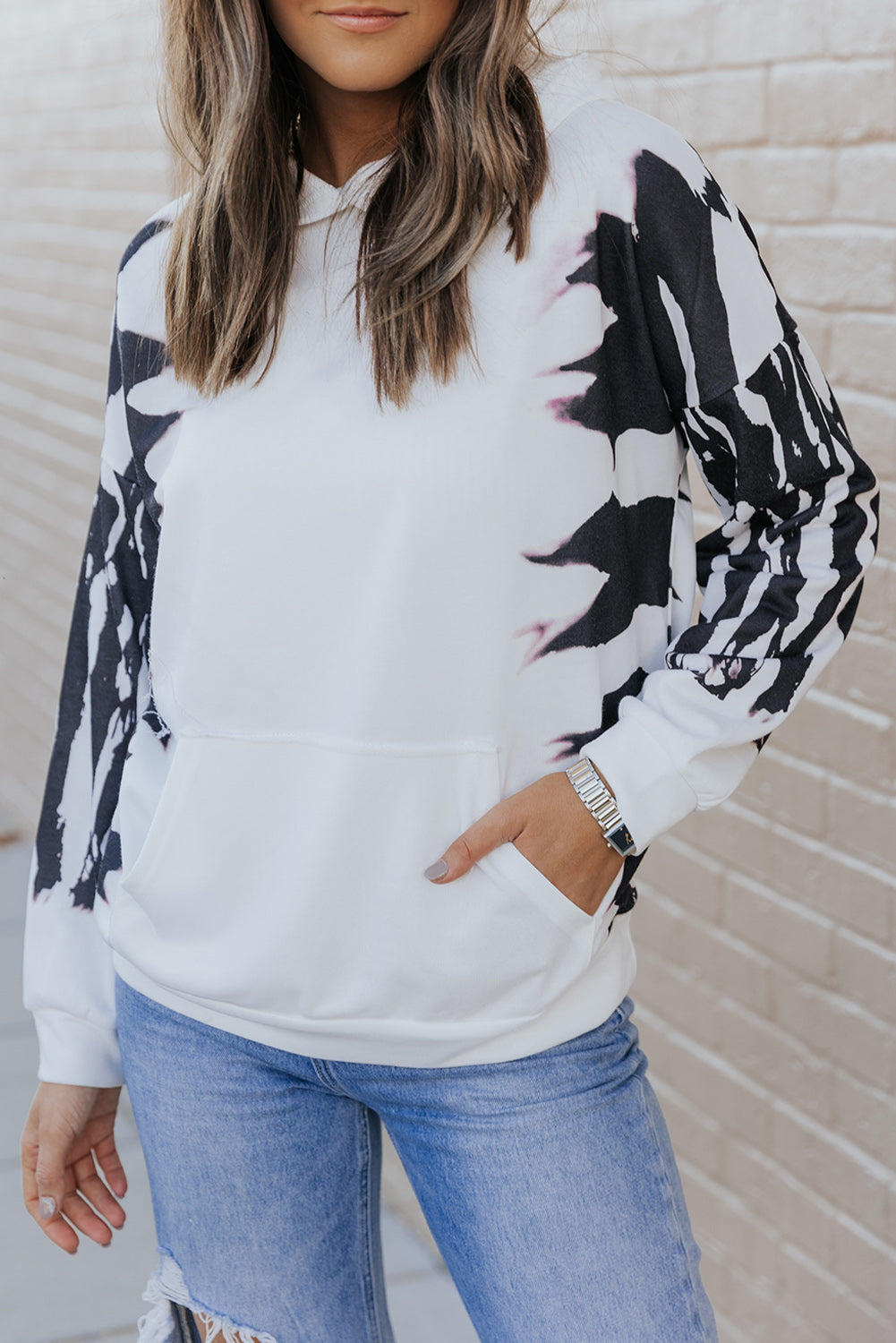 White Tie Dye Hooded Sweatshirt with Kangaroo Pocket