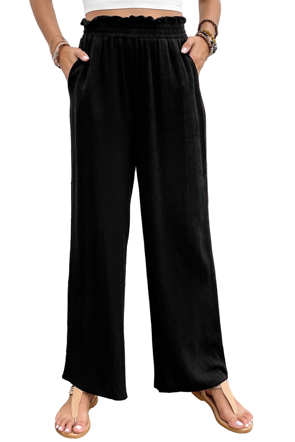 Black Wide Leg Elastic Waist Casual Pants with Pockets