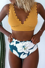 Yellow Solid V-Neck Scalloped Floral Bikini