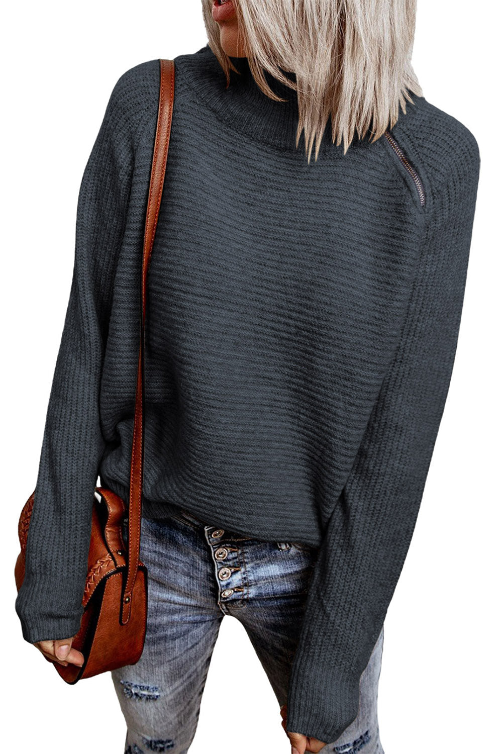 Brown Zip Knitted High Neck Sweater