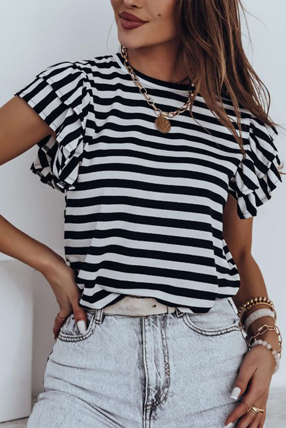 White Stripe Print Tiered Ruffled Sleeve Tee