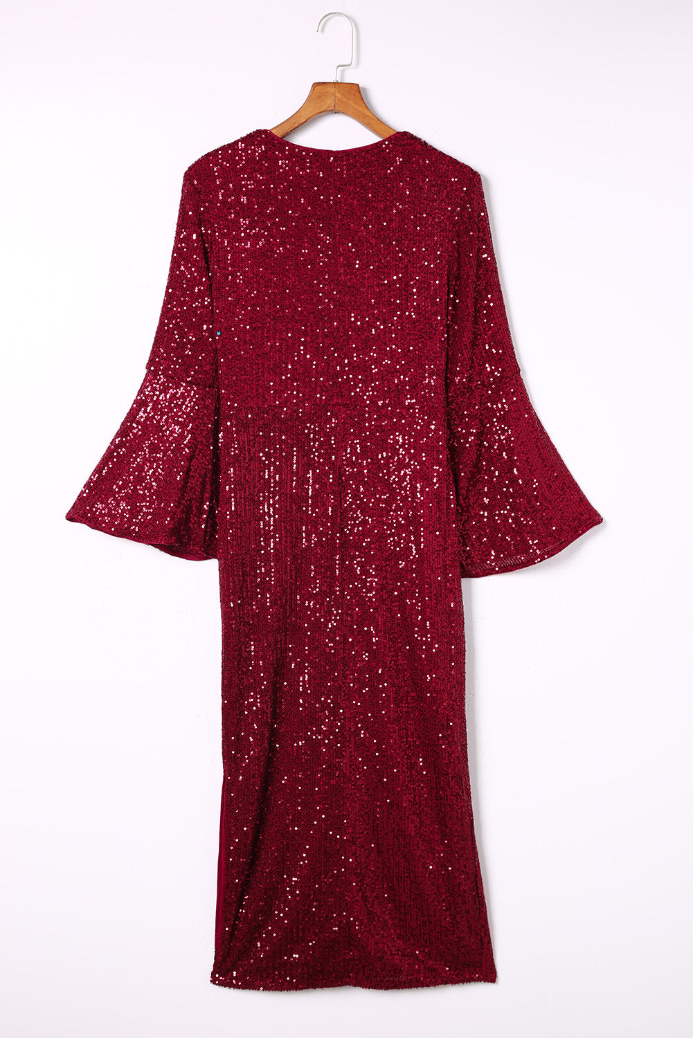 Red Deep V Neck Bell Sleeve Sequin Dress