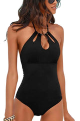 Black Hollow Out Beaded Halter Neck One-piece Swimsuit