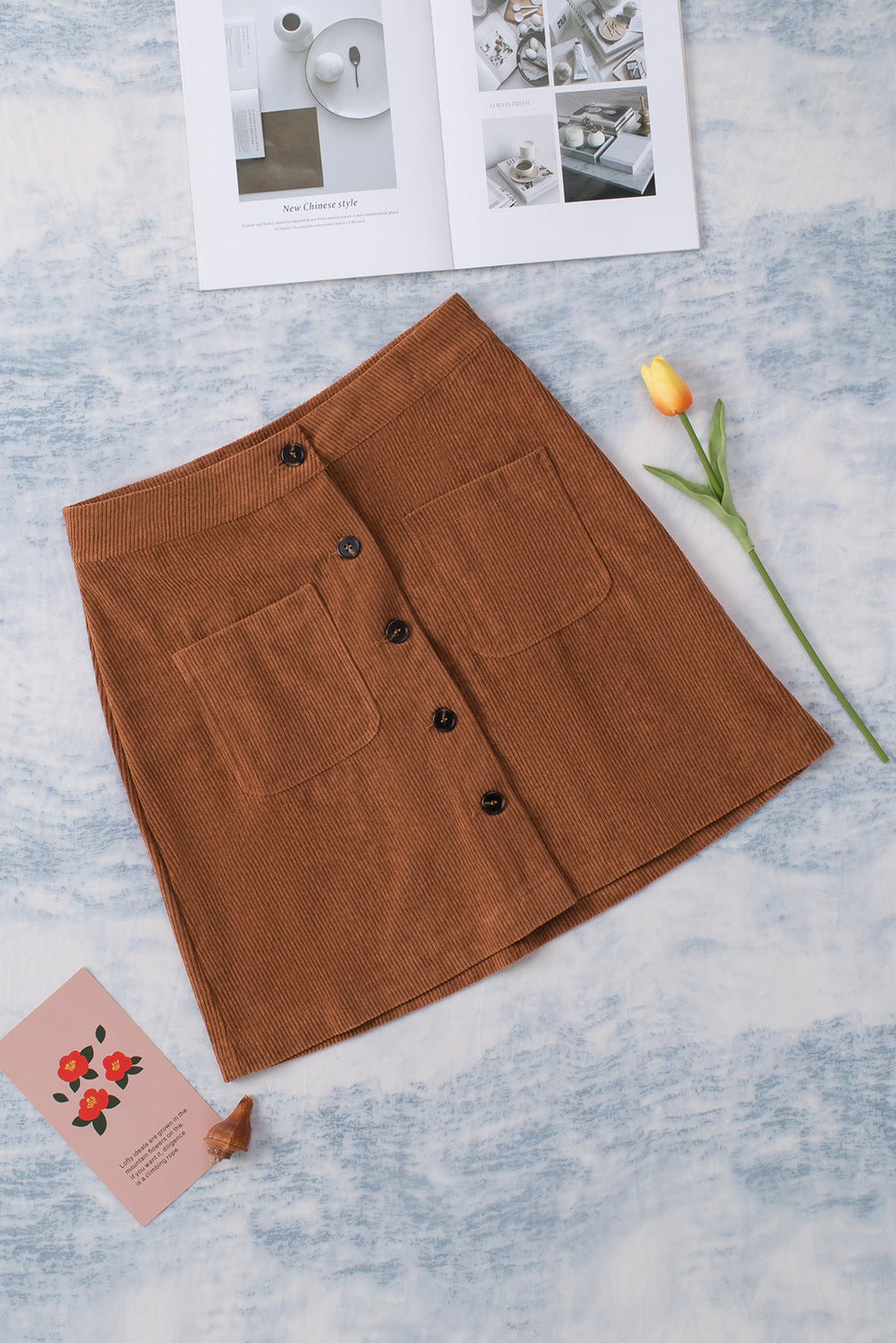 Brown Buttons Front Corduroy Mini Skirt