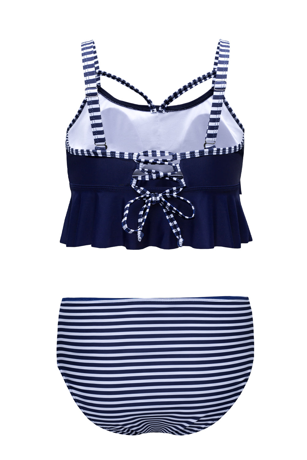 Blue Cutout Ruffle Crop Top and Striped High Waist Bikini Set