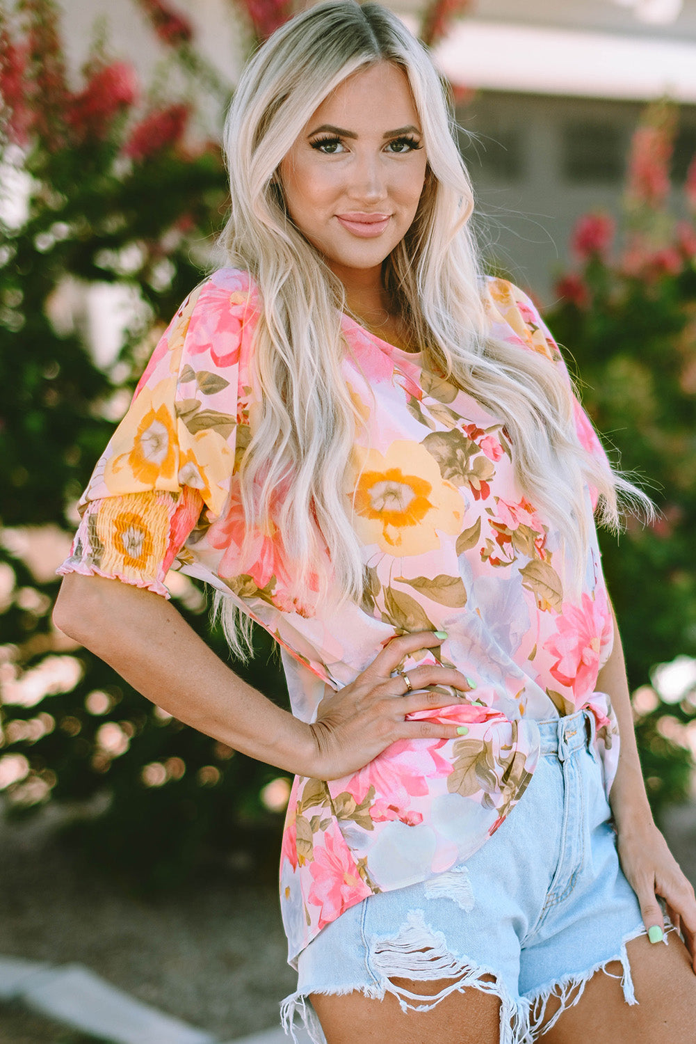 Pink Notched Neck Ruffle Floral Dress