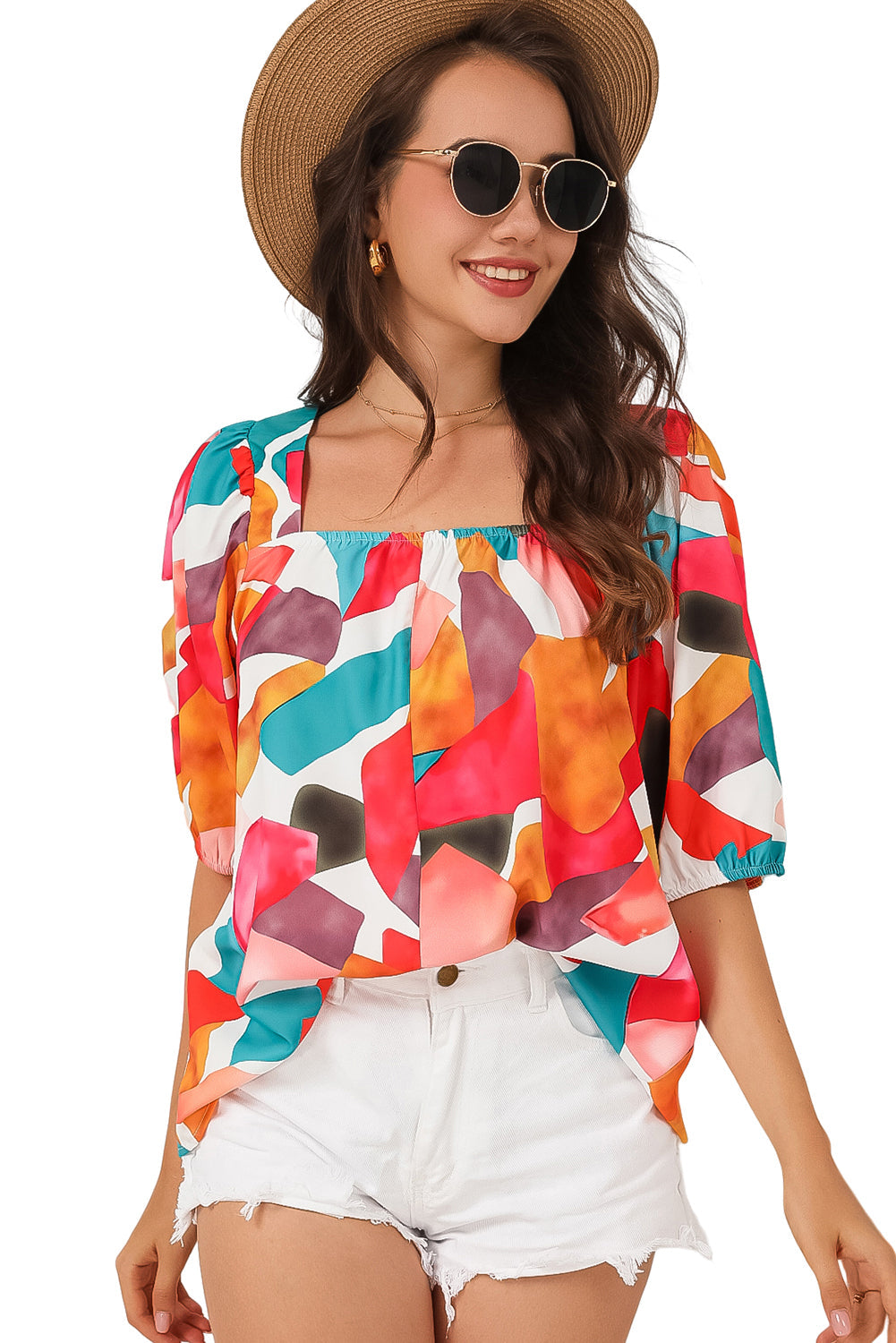 Multicolor Square Neck Abstract Print Short Sleeve Blouse