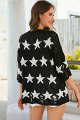 Black Star Print Half Sleeve Distressed Knit Top