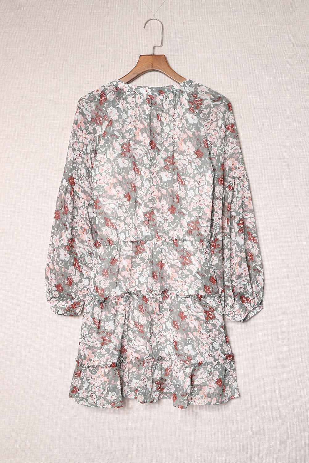 Multicolor V Neck Puff Sleeves Floral Tunic Dress