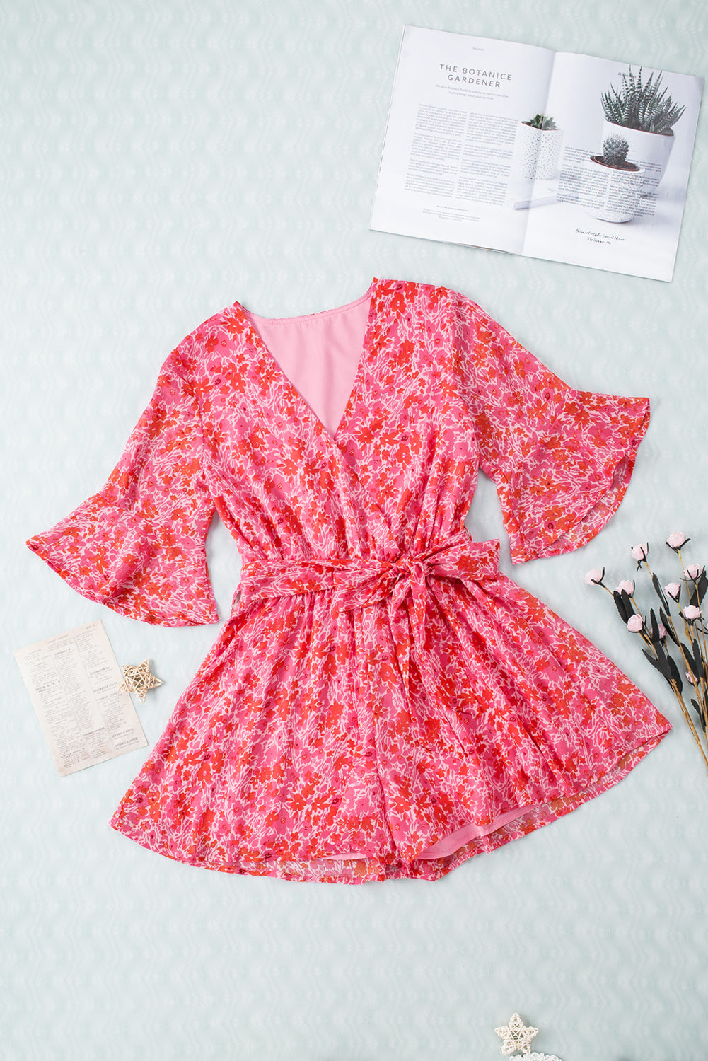 Pink V Neck Ruffled Sleeve Floral Romper