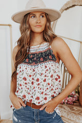 White Smocked Frilled Boho Floral Print Halter Tank Top