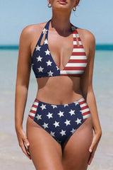 Blue Stars and Stripes Patchwork Flag Pattern Bikini Swimsuit