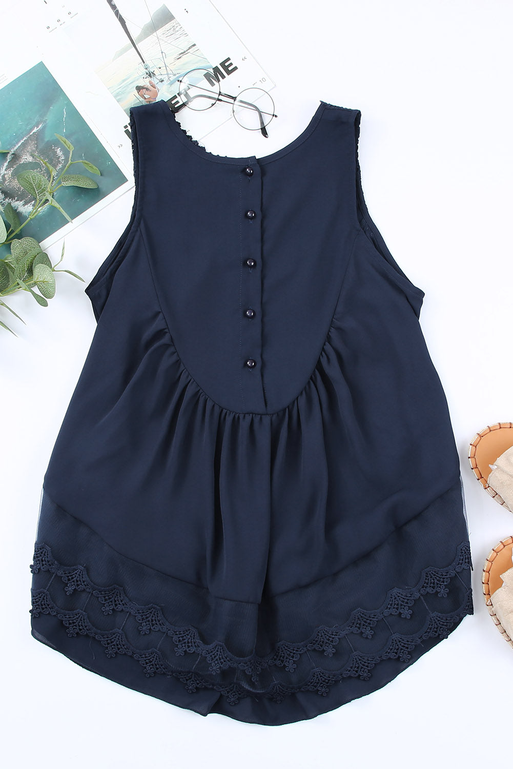 Black Lace Detail Buttons Back Sleeveless Top